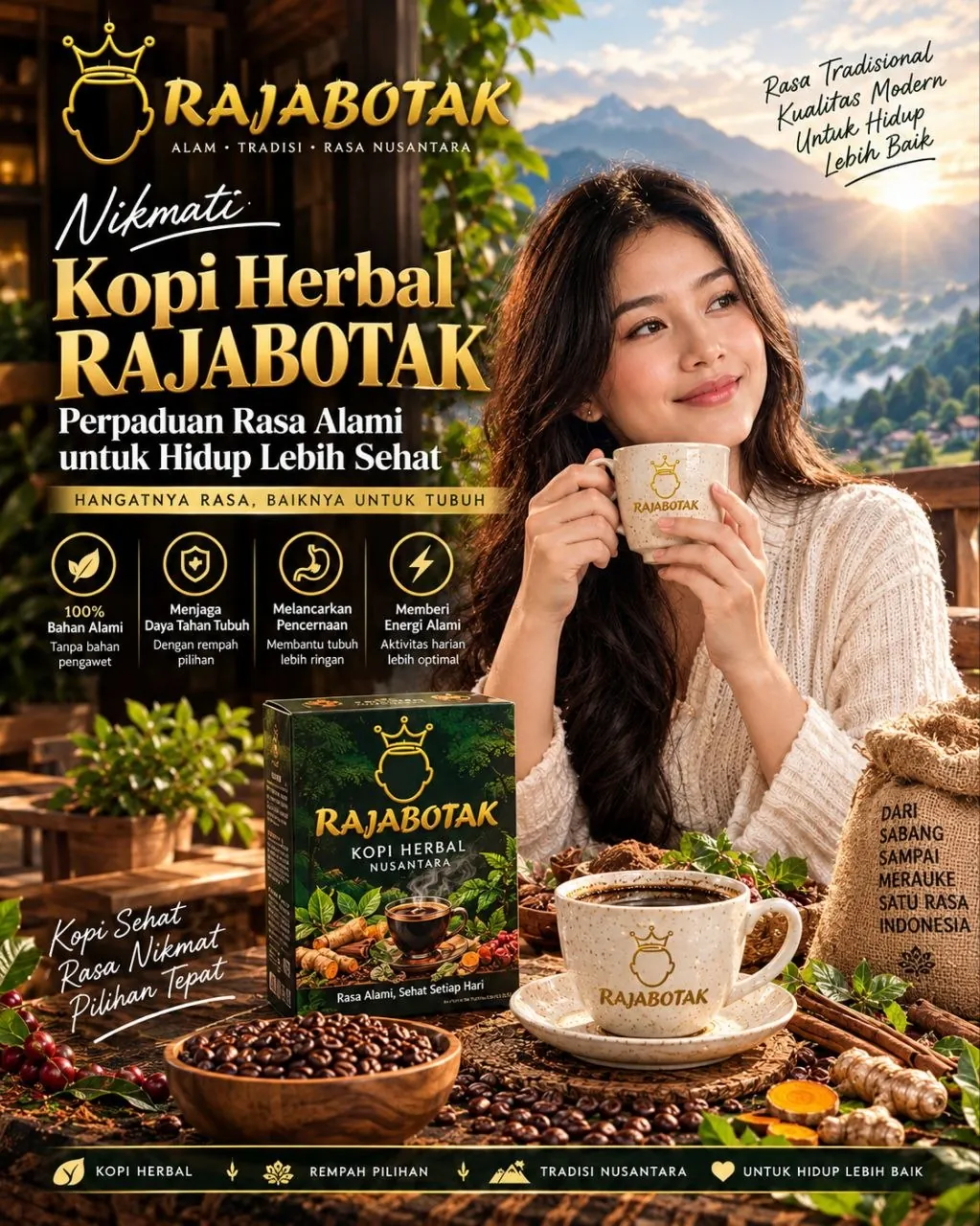 Poster RAJABOTAK bertema kopi herbal Nusantara, rempah pilihan, dan suasana seduhan hangat